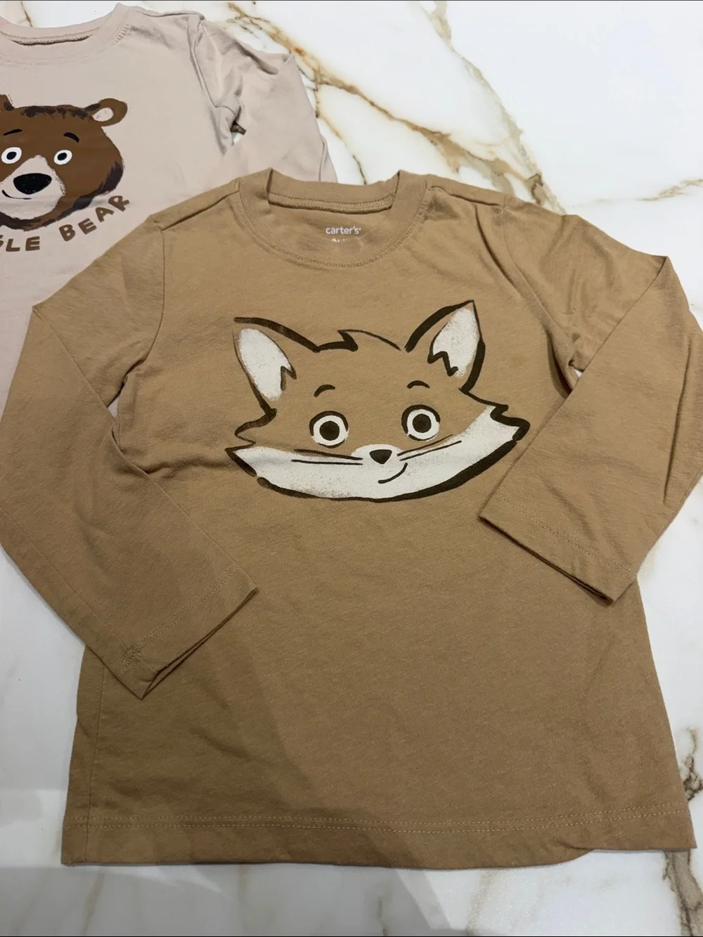 Carter's Beige & Tan Long Sleeve Kids' Animal Face Tees - Bear & Fox